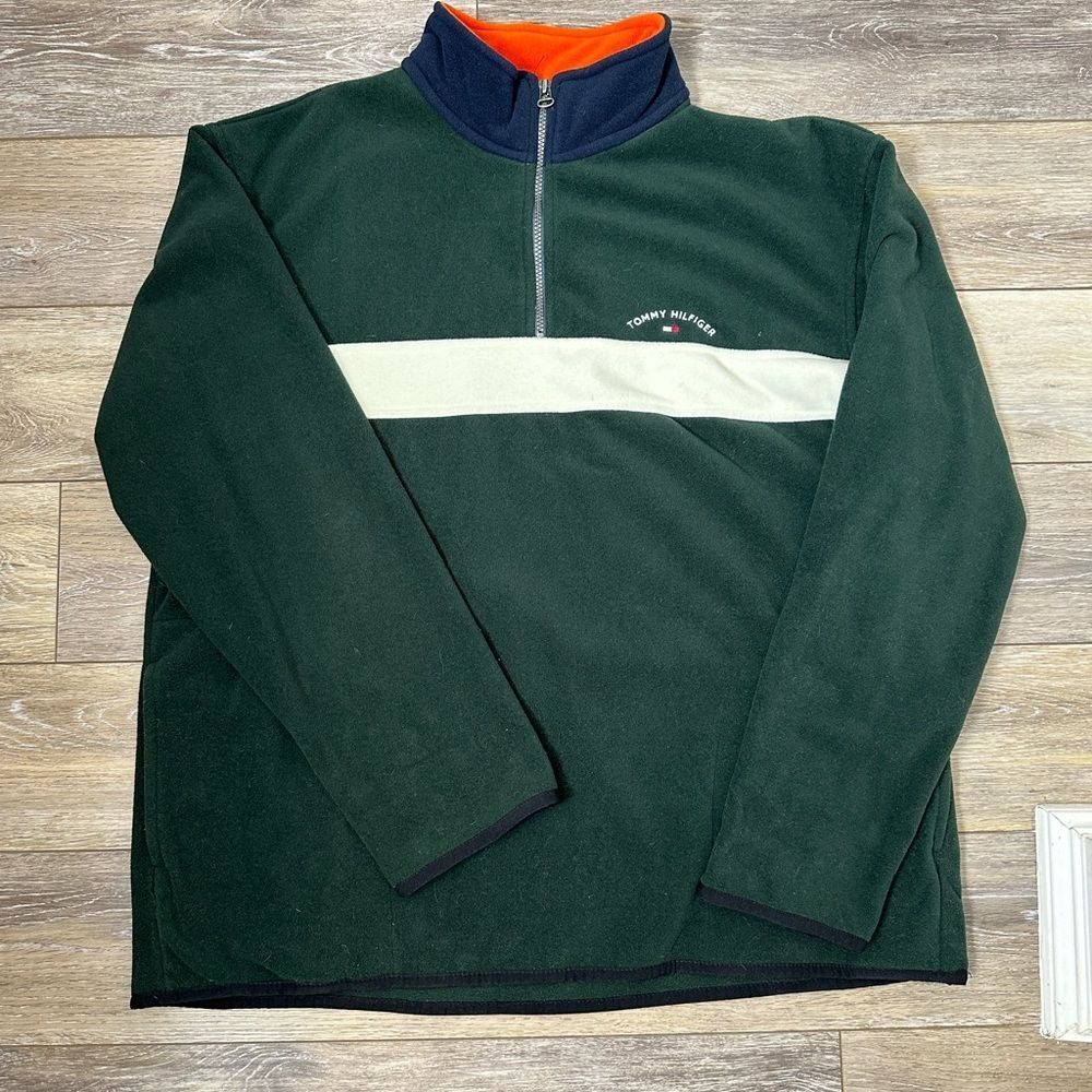 VTG Tommy Hilfiger Pullover Green Fleece Sweatshirt 1/4 Zip Sz XL